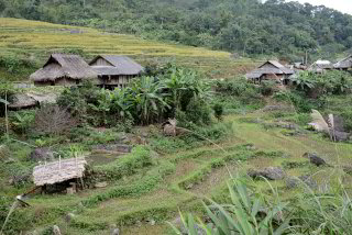 Ein kleines Dorf und ein mit Wasser betriebener Reisstampfer Ein kleines Dorf und ein mit Wasser betriebener Reisstampfer